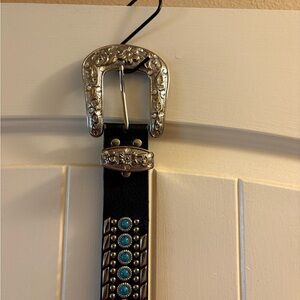 Black and Silver Women's Belt with Turquoise Accents
